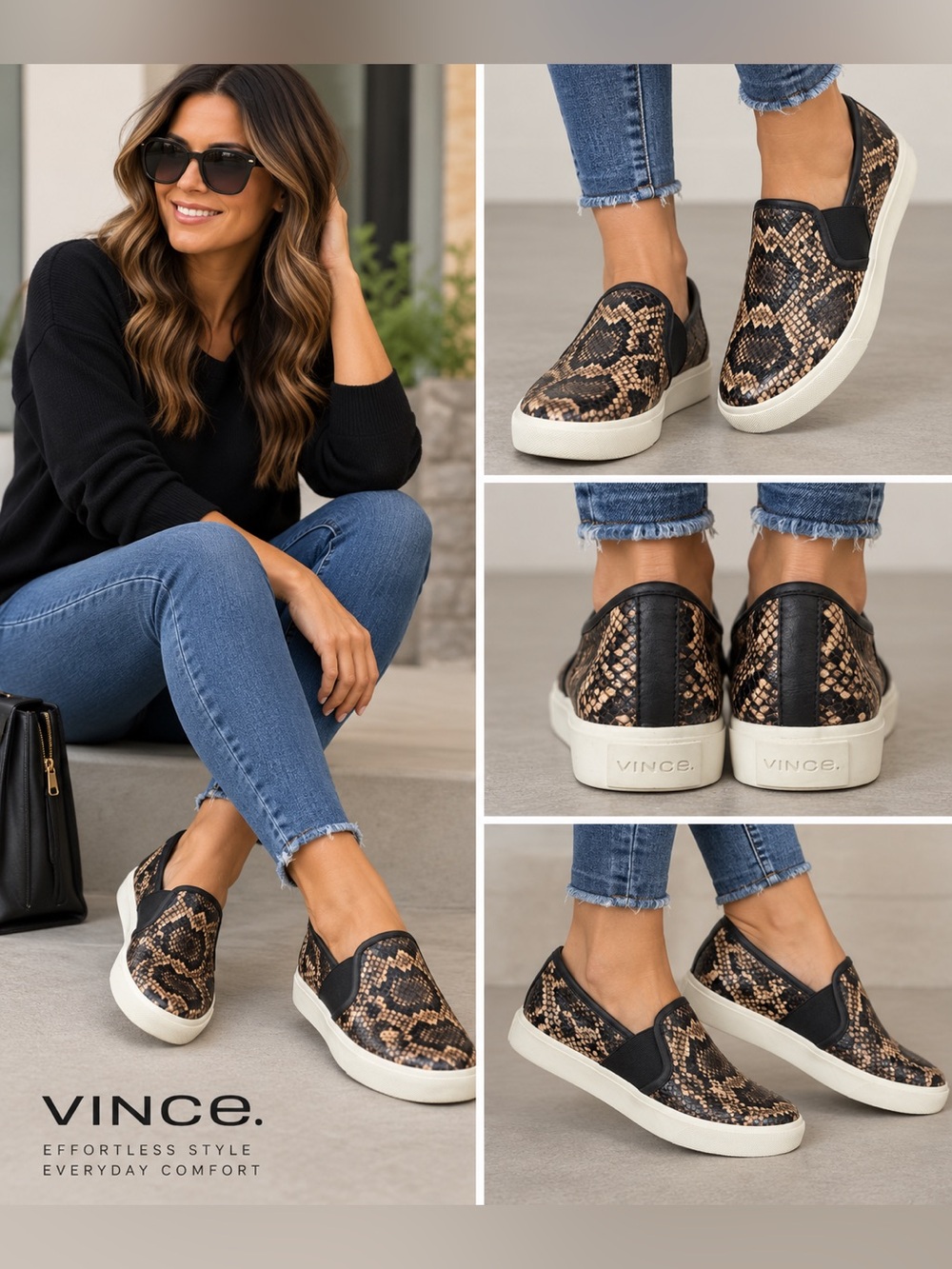 VINCE Snake Print Slip On Platform Sneakers Brown Black Leather Size 7.5